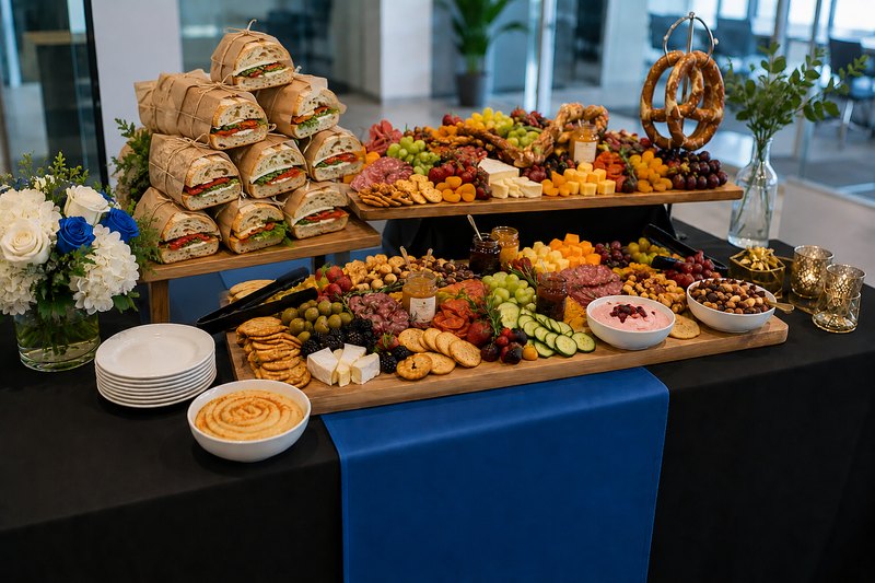 Grazing table with charcuterie boards and sandwich display