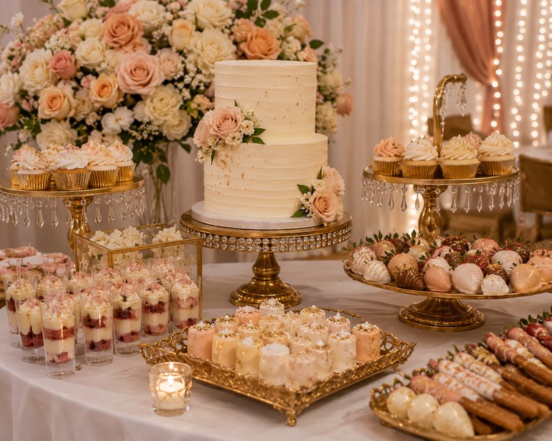 Blush and gold dessert table with tiered cake and treats