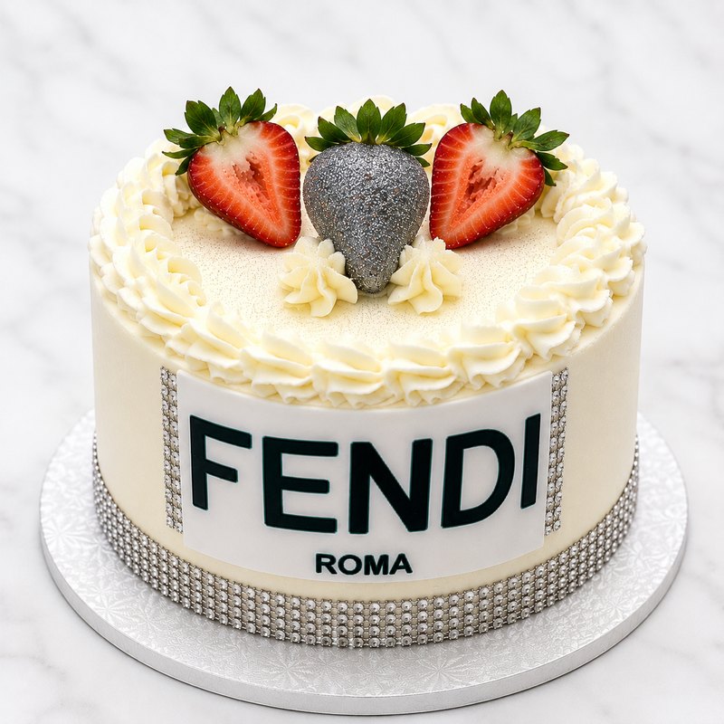 Custom designer-themed cake with strawberries