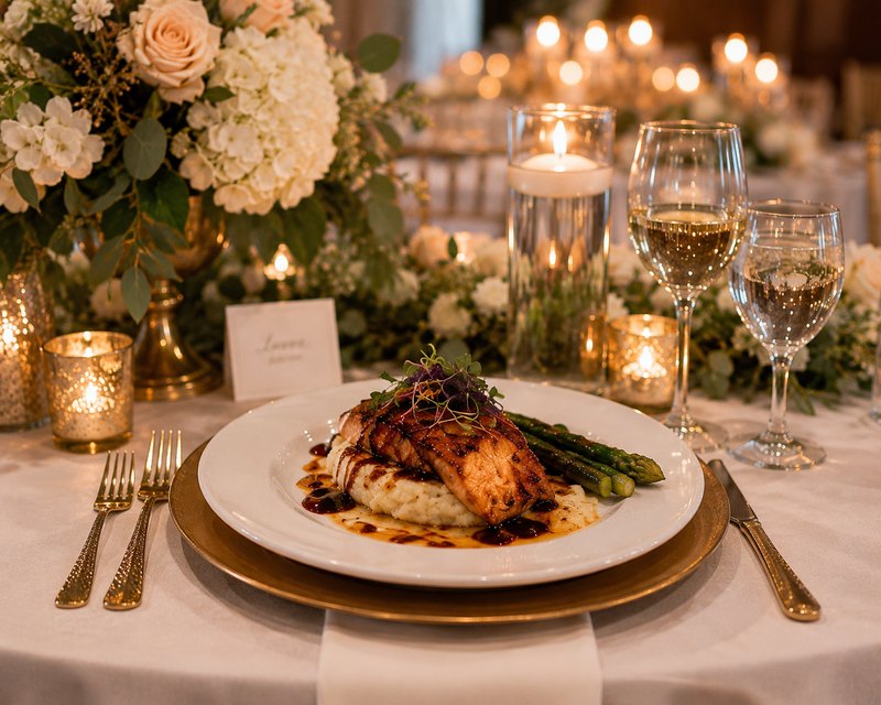 Plated entrée with asparagus at a candlelit reception